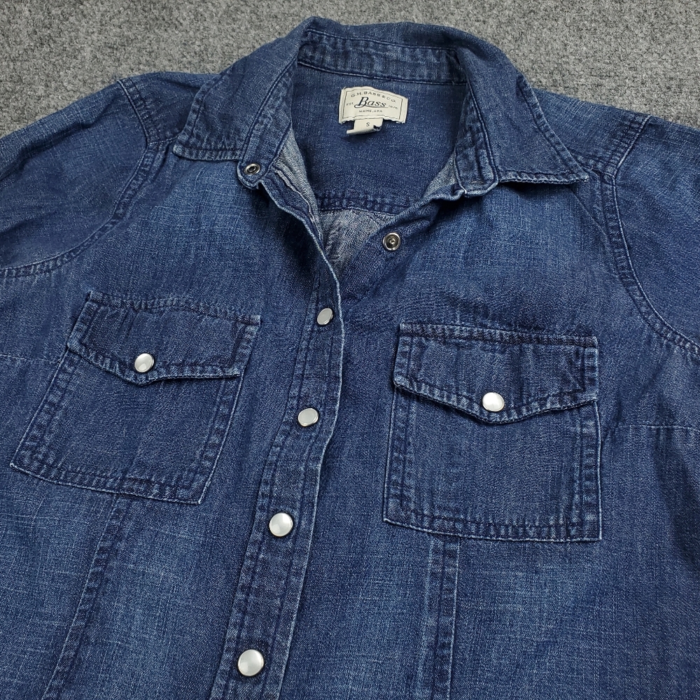 GH Bass Denim Western Jean Shirt Womens Small Pearl Snap Distressed Ranch Rodeo - Picture 6 of 10
